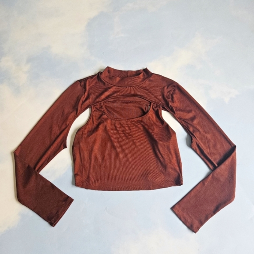 Sexy Cutout Brown Long Sleeve Women's Club Crop Top Chocolate Brown